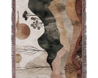 Abstract Landscape Woven Tapestry Blankets, Bohemian Art Decor Blankets, Modern Aesthetic Tapestry Throw Blanket, Neutral Color Palette