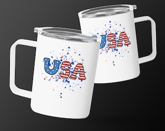 Taza de viaje con el lema "Patriótico de EE. UU.", aislada, de acero inoxidable de 10 oz, con orgullo estadounidense, diseño de estrellas y rayas, regalo para viajeros