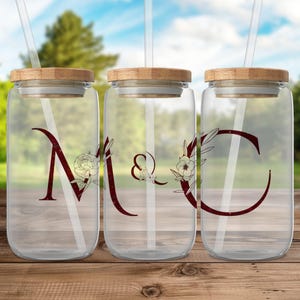 Frosted Floral Initial 16 oz Glass Can, Custom Initial Glass, Personalized Letter Beer Can Glass, Initial Flower Glass, Bridal Shower Gift