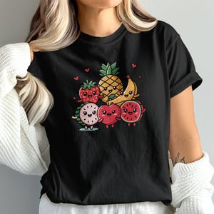 Słodkie owoce T-shirt, bluza, projekt Kawaii Fruit Group, zabawna koszulka z jedzeniem, szczęśliwy ananas, truskawka, banan, jabłko, grafika arbuza