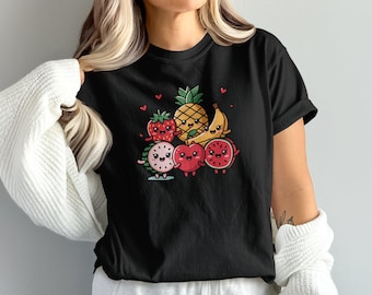 Cute Fruits T-Shirt,Sweatshirt, Kawaii Fruit Group Design, Funny Food Shirt, Happy Pineapple, Strawberry, Banana, Apple, Watermelon Graphic