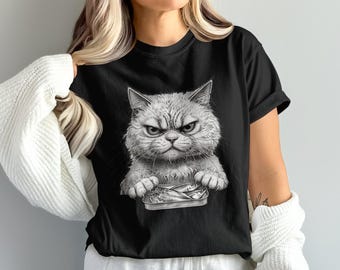 T-shirt chat grincheux, sweat-shirt amateur de sardines, cadeau drôle d'amant de chat, conception de chat angora, t-shirt pour animal de compagnie, t-shirt ironique, cadeau amateur de sardines