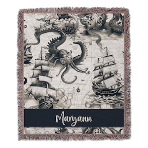 Nautical Octopus Blankets, Navy Blue Sea Blanket, Pirate Ship Blankets, Ocean Map Blankets, Personalized Blanket, Tapestry Personalized