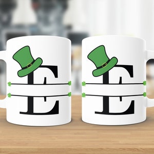 Personalized St. Patricks Day Coffee Mug, Hat Monogram Initial E, Irish Shamrock Tea Cup, Personalized Letter Mug Gift Gift