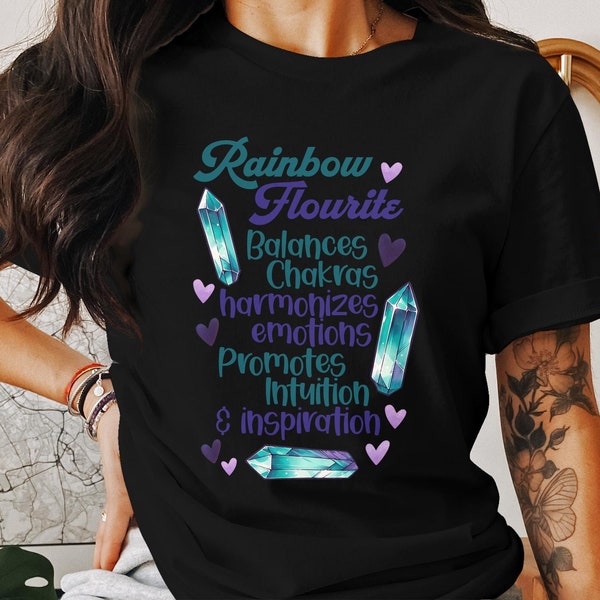 Rainbow Flourite Crystal Graphic Tee, Balances Chakras, Harmonizes Emotions, Inspirational T-Shirt Design, Spiritual Healing Top
