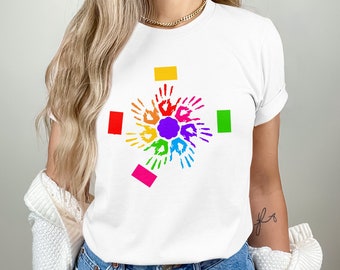 カラフルな手形の円形デザインのTシャツまたはスウェットシャツ