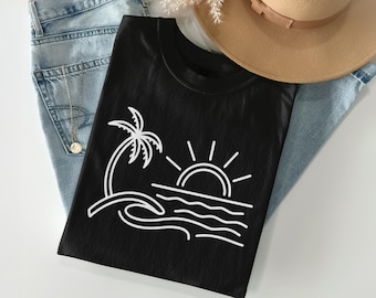 Minimalistisch T-shirt met palmboom, lijntekening van een zonsondergang boven de oceaan, zomerse kust-T-shirt
