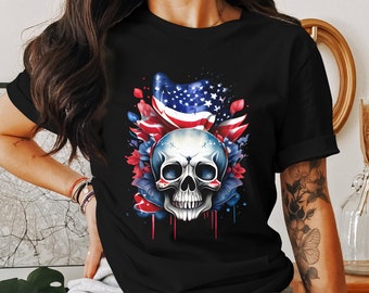 Patriotic Skull T-Shirt, American Flag Design, Fourth of July Apparel, Unisex Graphic Tee, Independence Day Shirt, Urban Streetwear Gift