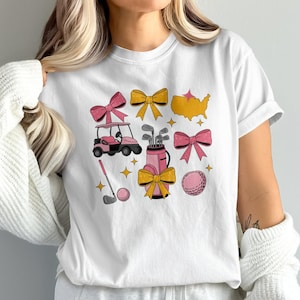 Pink Golf T-Shirt, Cute Golf Cart Sweatshirt, Bow USA Shirt, Golf Ball Tee, Golf Lover Gift, Golf Outing Shirt, Funny Golf Apparel