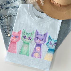 Colorful Cat T-Shirt, Whimsical Sweatshirt, Cute Cats, Pastel Kitty Shirt, Fantasy Cats, Quirky Cat Design, Cartoon Cats, Cat Lover Gift