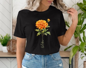 October Birth Flower T-Shirt, Vintage Marigold Floral Tee, Botanical Art Top, Fall Birthday Gift Gift