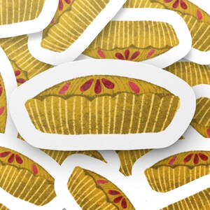May include: A collection of die-cut stickers featuring a golden-brown pie with a textured, striped crust and a decorative top pattern of red petal-shaped vents. Each sticker has a white border and displays the same baked dessert illustration.