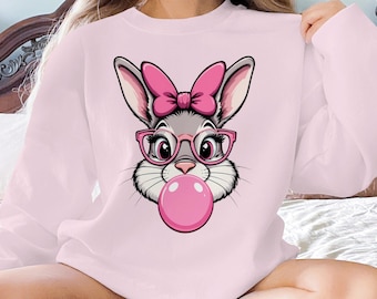 Cute Bunny Shirt, Cartoon Rabbit Tee, Bubblegum Lover, Bow Glasses, Fun Graphic T-Shirt, Adorable Animal Sweatshirt, Easter Gift
