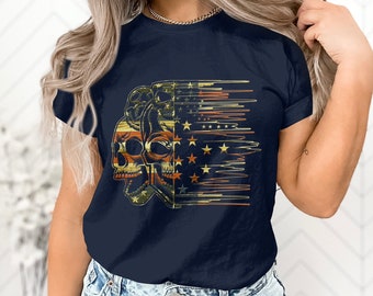Patriotic Skull T-Shirt with American Flag Design, Distressed USA Flag Skull Tee, Unisex Graphic Shirt for Fourth of July Gift