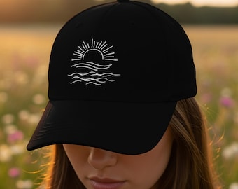 Sun Waves Embroidered Unisex Dad Cap, Minimalist Sun Hat, Beach Vibes Baseball Cap, Summer Vacation Headwear