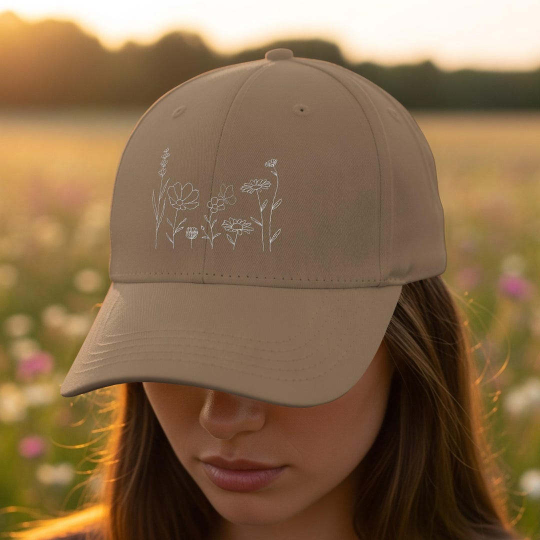 Wildflower Embroidered Unisex Classic Dad Hat, Flower Line Art Hat
