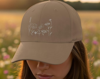 Wildflower Embroidered Unisex Classic Dad Hat, Flower Line Art Hat