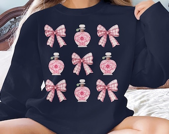 Cute Coquette Bow and Flower Perfume Bottle T-Shirt and Sweatshirt available, Adorable Pink Graphic Tee, Unique Fashion Gift for Her