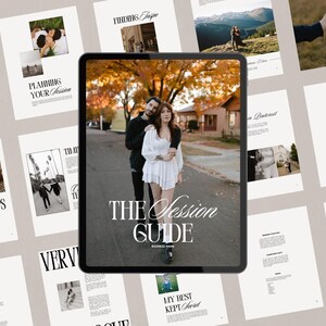 Peut inclure: Un guide numérique intitulé "The Session Guide" avec un couple posant devant une maison avec des feuilles d'automne. Le guide comprend des sections sur la planification de votre séance, la recherche de l'emplacement idéal, les bars et les cafés, les cheveux et le maquillage, et plus encore.