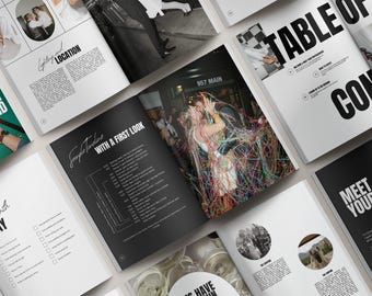 May include: A collection of open magazines with black and white pages. One spread features a couple kissing, covered in colorful streamers. Other pages display text like "Table of Contents" and "Meet Your Photographer."