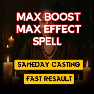 Może przedstawiać: Obraz przedstawia kobietę z ciemnym nakryciem głowy i brązową górą, z nałożonym tekstem. Tekst brzmi "MAX BOOST MAX EFFECT SPELL" na czerwono i "SAMEDAY CASTING FAST RESAULT" na żółto. W tle płoną świece.