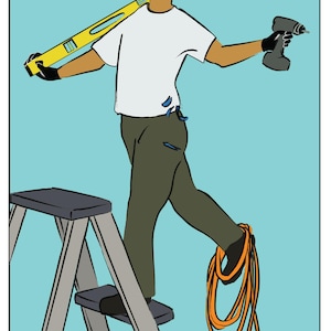 May include: Illustration of a person on a stepladder holding a level and a drill. The person wears a red hat, white shirt, and green pants. The image includes the text "THE ART HANDLER."