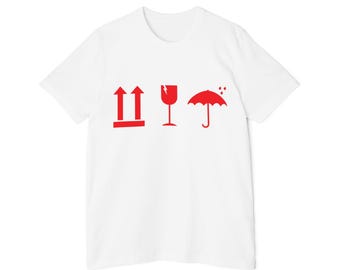 Shipping Symbols USA-Made Unisex Short-Sleeve Jersey T-Shirt | This side up, Fragile, Keep dry, Handle with care, Art handler