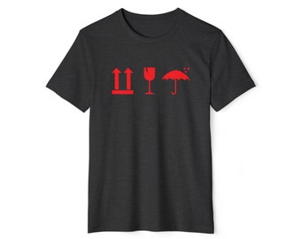 Biologisch T-shirt Verzendsymbolen Uniseks Gerecycled | Met deze kant naar boven, breekbaar, droog houden, voorzichtig behandelen, kunsthandler