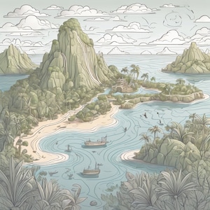 Carte fantastique de l'île tropicale - Téléchargement numérique d'une carte 2D dessinée à la main avec des bateaux et des montagnes