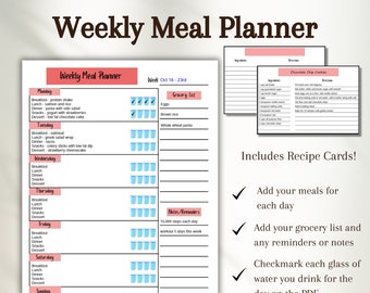 Weekly Meal Planner, Meal Prep, Google Docs, Fillable PDF,  Food Tracker, Grocery List, Recipe Cards, Customize, Log, Journal, Healthy