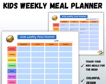 Kids Weekly Meal Planner, Colorful Design, Schedule, Food Tracker, Kids Chart, Kids Food Log, Weekly, Child's Healthy Journal, Fillable PDF