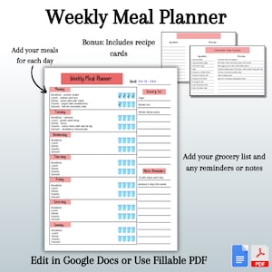 Weekly Meal Planner, Editable Google Docs, Fillable PDF, Healthy, Food Tracker, Grocery List, Recipe Cards, Customize, Log, Journal