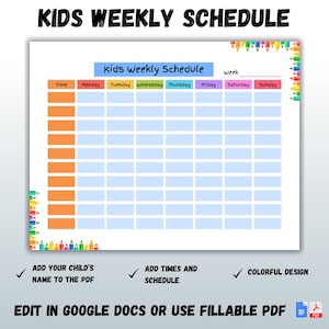 Könnte beinhalten: Ein druckbarer Wochenplan für Kinder mit einem farbenfrohen Design. Der Plan enthält Platz für die Uhrzeit, von Montag bis Sonntag, und einen Bereich zum Hinzufügen des Namens eines Kindes. Der Text "Kids Weekly Schedule" befindet sich oben auf der Seite.