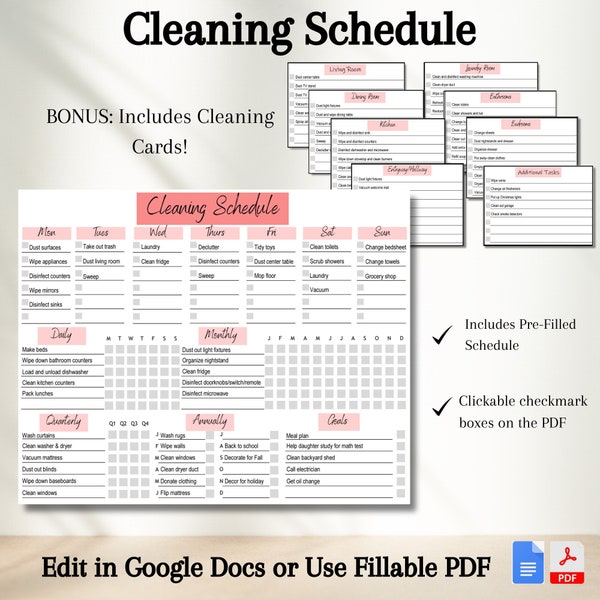 Editable Cleaning Schedule, Checklist, Planner, Cleaning Cards, Fillable PDF, Google Docs, Household Chores, Digital, Printable, ADHD, Home