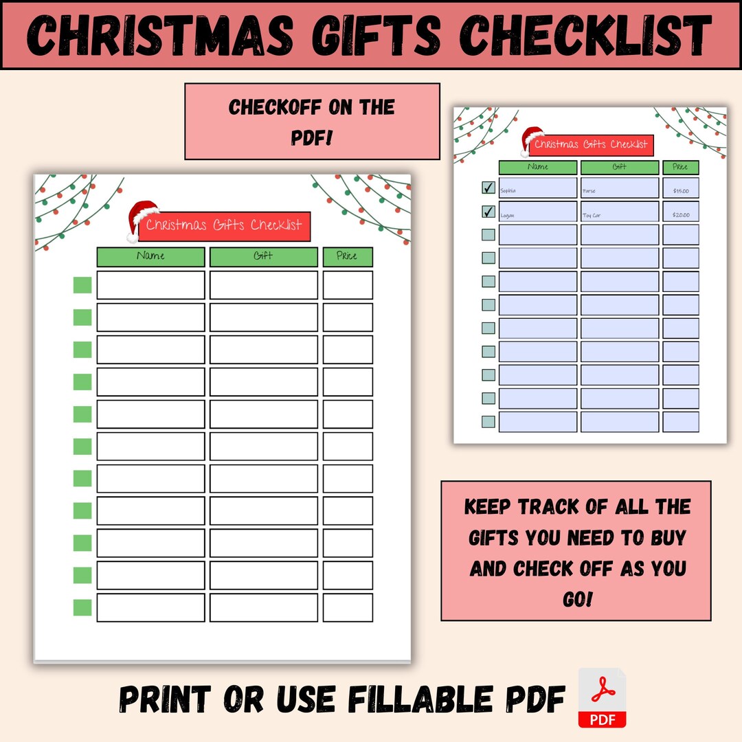Christmas Gifts Checklist Fillable PDF Printable Holiday Etsy
