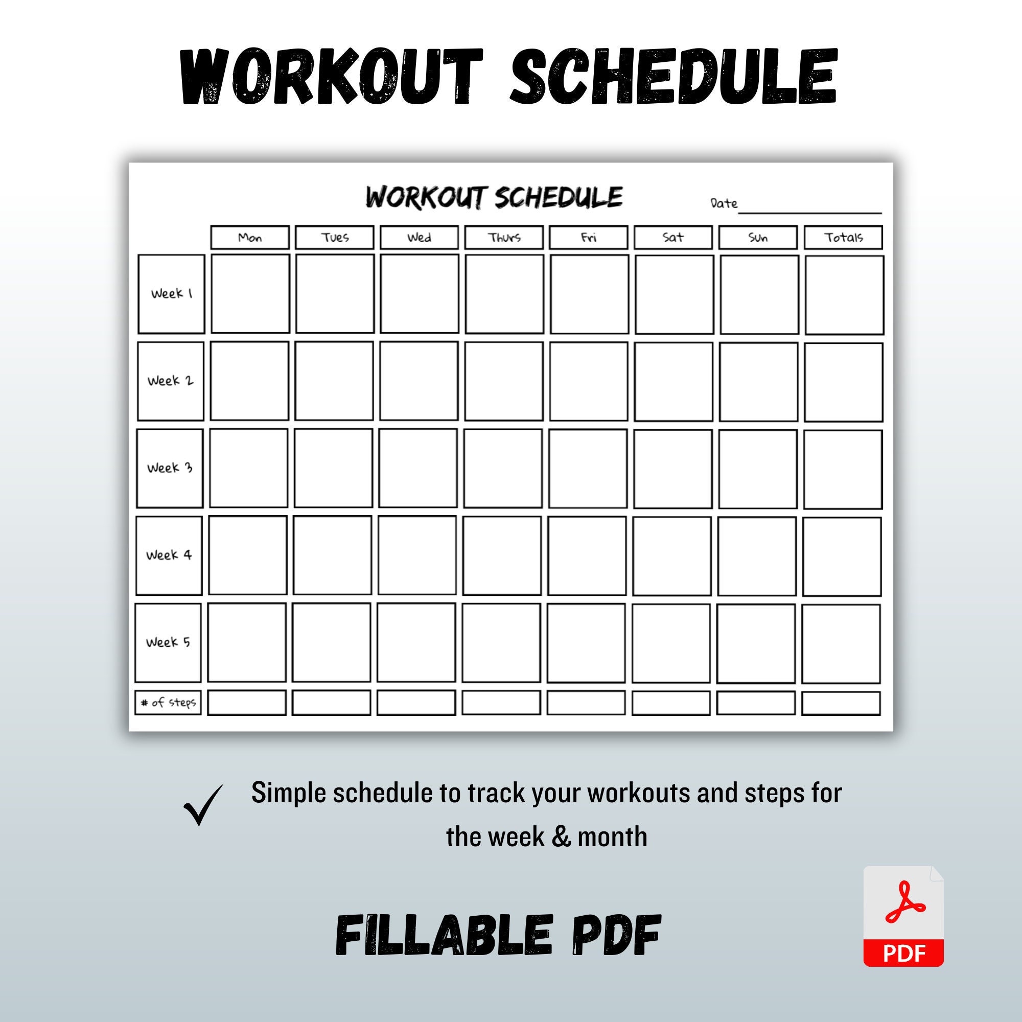 Simple Minimalist Workout Schedule, Monthly Tracker, Fillable PDF