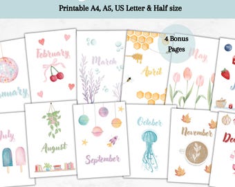 Maandelijkse afdrukbare tijdschriftvoorbladen Digitale download aquarel handgetekende ontwerpen Kleurrijke esthetische titelpagina Bullet Journal