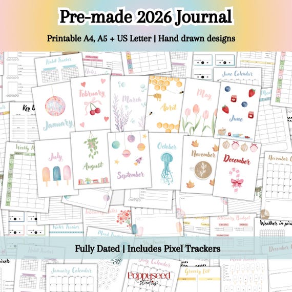 2026 Premade Bullet Journal Printable Bujo Journal Template Colorful Planner Journal Pages for Beginners Journal Habit Mood Trackers Pixel