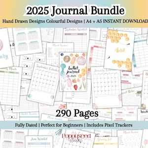2025 Journal Bundle Printable Planner Colorful Pastel Bullet Journal Pages for Beginners Yearly Monthly Trackers Habit Mood Trackers Kit