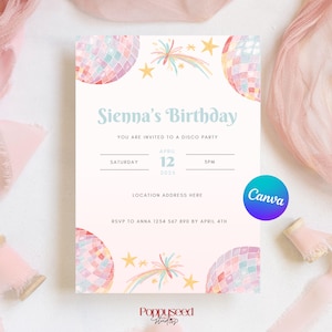 Editable Preppy Tween Kids Girls Birthday Party Invitation Pastel Disco Ball Invitation Mirrorball Dance Party Invitation Aesthetic