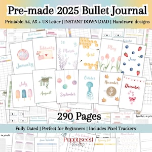 2025 Premade Bullet Journal Printable Bujo Journal Template Colourful Planner Journal Pages for Beginners Journal Habit Mood Trackers Pixel