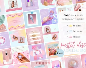 300 Seite Instagram Vorlage Canva Helle und Pastell Regenbogen Disco Farbe Engagement Posts für Hautpflege Business Anpassbare Vorlage