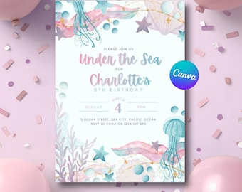 Under the Sea Birthday Invitation Template Ocean Party Mermaid Party Invite for girls Canva Editable Digital Download