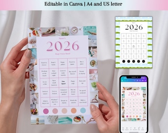 Plantilla de tablero de visión de bingo 2026 con fotos y cuadrícula. Tarjeta de bingo editable. Resoluciones de Año Nuevo. Tablero de visión de Canva con fotos estéticas.
