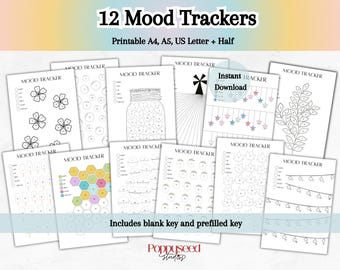 12 Monthly Mood Trackers for Bullet Journal Pages Printable A4 and A5 Mental Health Tracker Emotion Tracker Planner Inserts for Organisation
