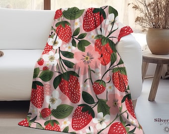 Cute Strawberries Velveteen Blanket, Spring Decor, Couch Throw, Cuddle Blanket, Strawberry Decor, Housewarming Gift, Sofa Throw, Fruit Decor