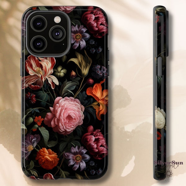 Dark Ornate Floral Dual Layer Tough Phone Case, Samsung Galaxy S24, iPhone 15, 14, 13, 12, 11, X, XR, XS, 8, Google Pixel 8 Pro