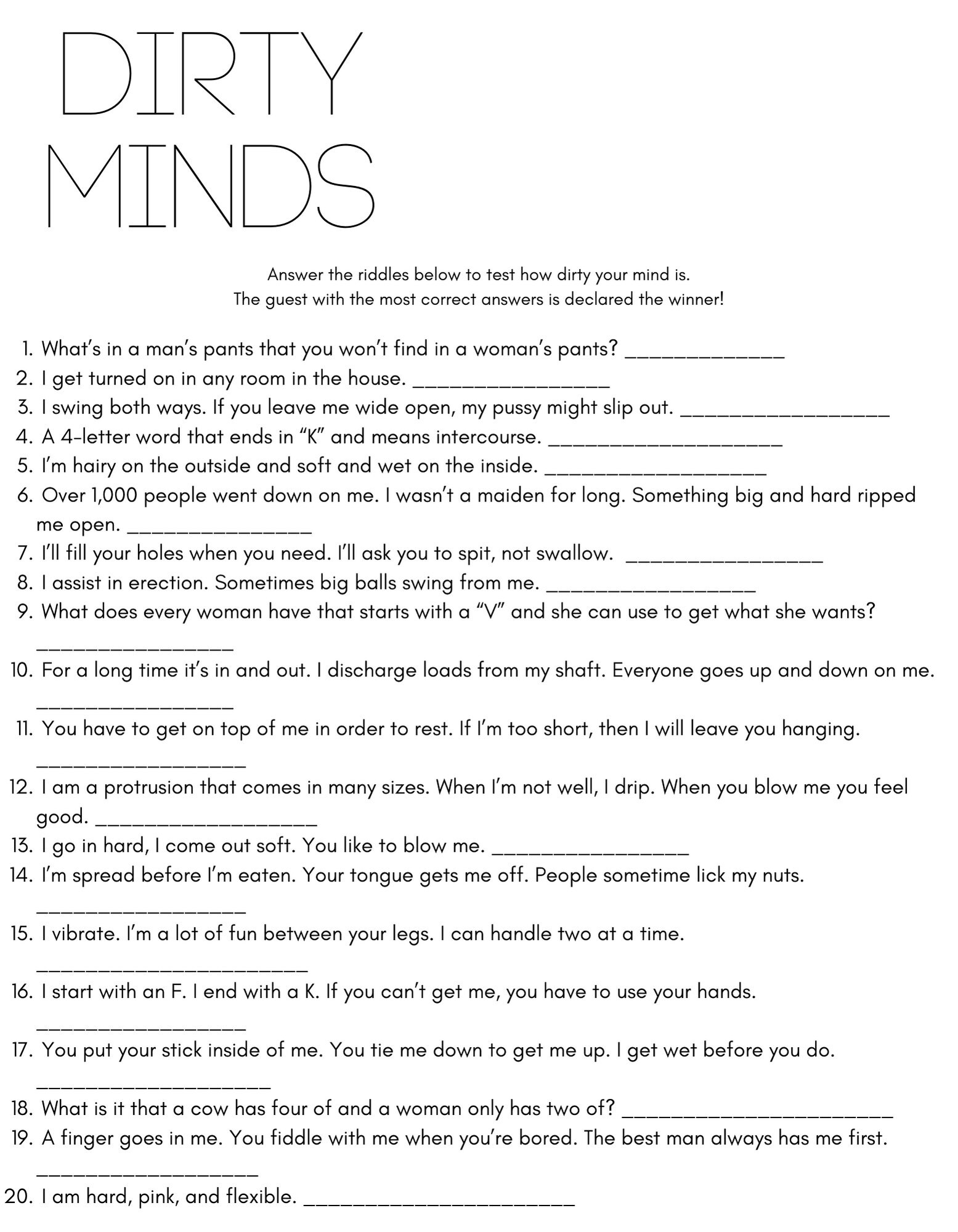 Dirty Minds Game Dirty Minds Card Printable Bachelorette Party ...