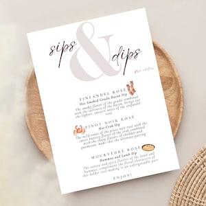 Wine Dinner Menu | Wine Dinner Menu Printable | Wine Dinner Card | Wine Dinner Party | Sips & Dips Menu | Rosé Wine Dinner Party