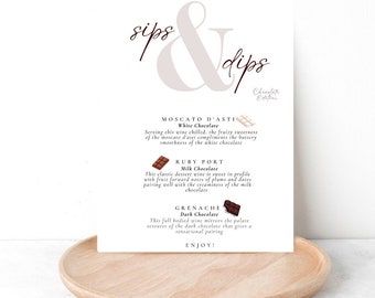 Chocolate Pairing | Wine Dinner Menu Printable | Wine Dinner Card | Wine Dinner Party | Sips & Dips Menu | Chocolate and Wine Dinner Party